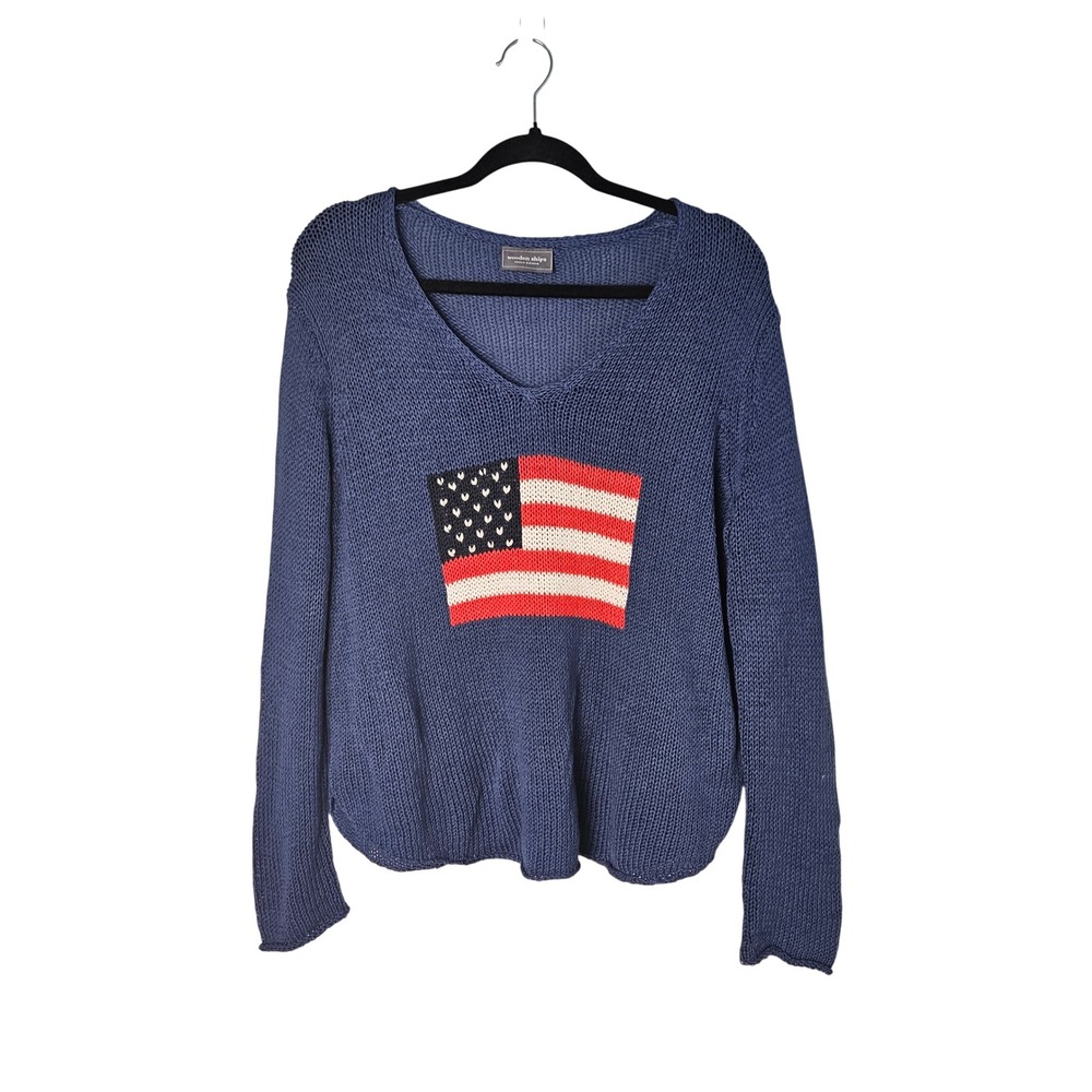 Wooden Ships Blue V-Neck Knit American Flag Sweater Size M/L Patriotic Holiday